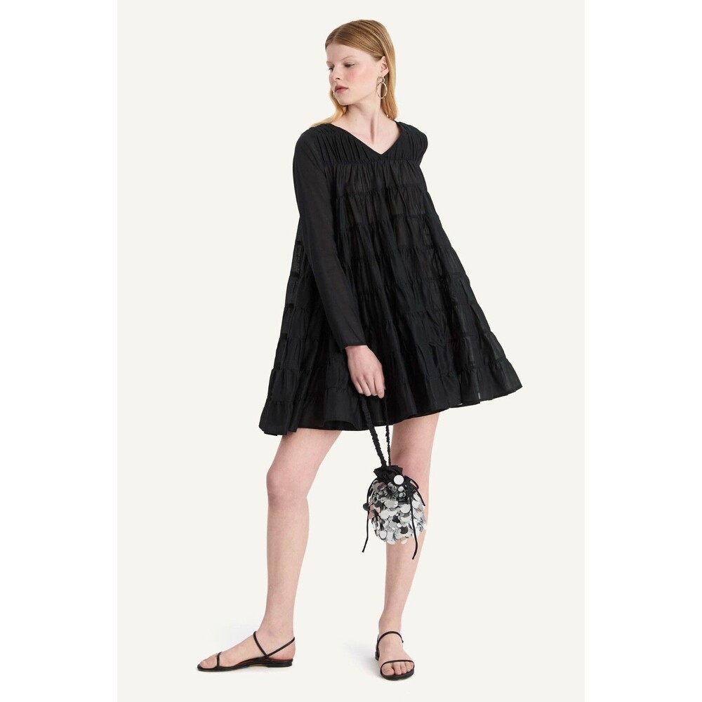 Merlette NYC Solis Mini Dress Tiered Black Long Sleeve Flared Swing S NEW 277474